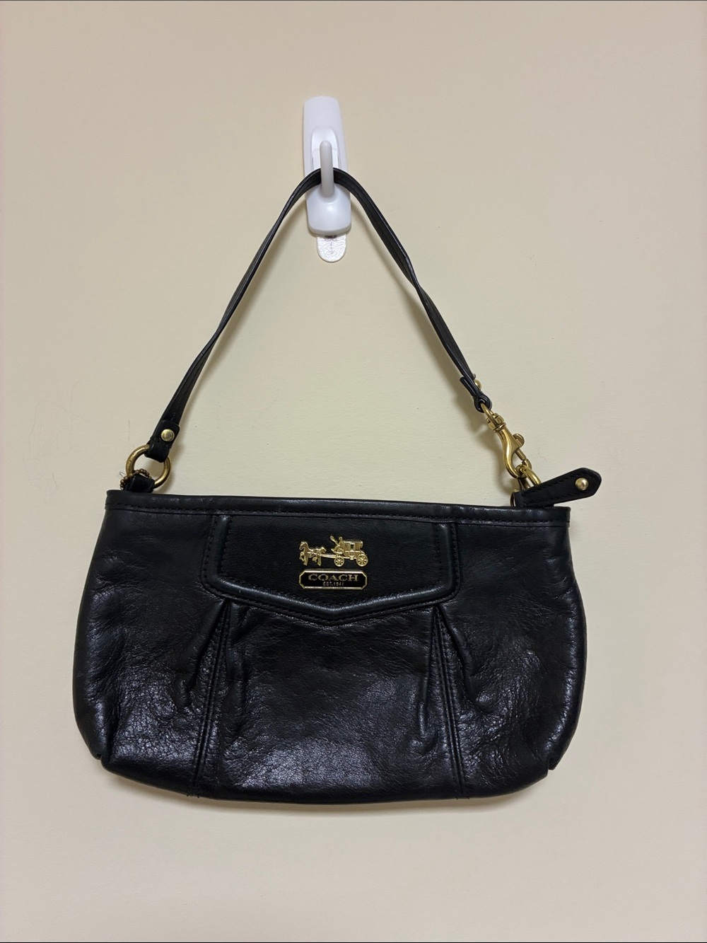Coach Black Leather Shoulder Wristlet with Gold Hardware